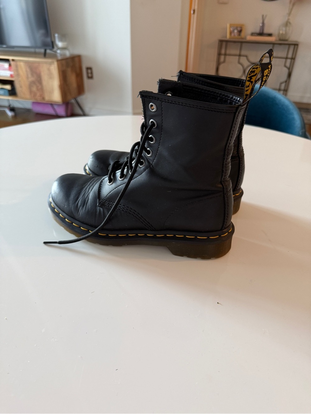 Dr. Martens Black Leather Lace-Up Boots with Yellow Stitching